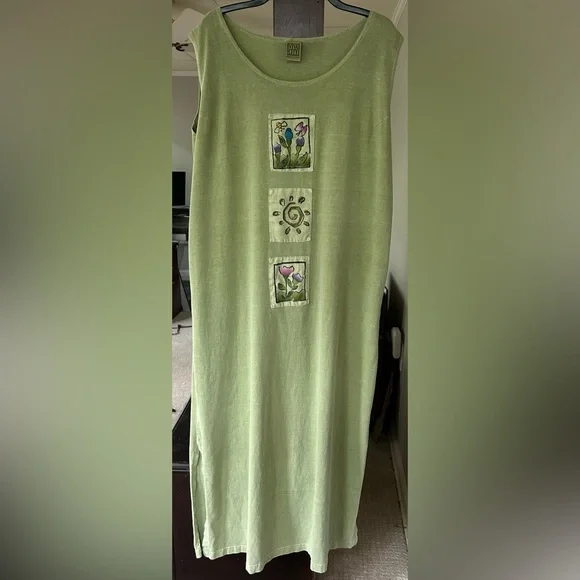 VINTAGE VIVA CITY USA Green Patchwork Cotton Oversized Lagenlook Midi Dress | L - Picture 12 of 15